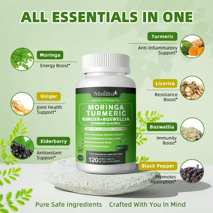 Mulittea Moringa Capsules 1000mg – 7-in-1 Turmeric, Ginger, Elderberry & Boswellia | 120 Vegan Capsules (2-Pack)