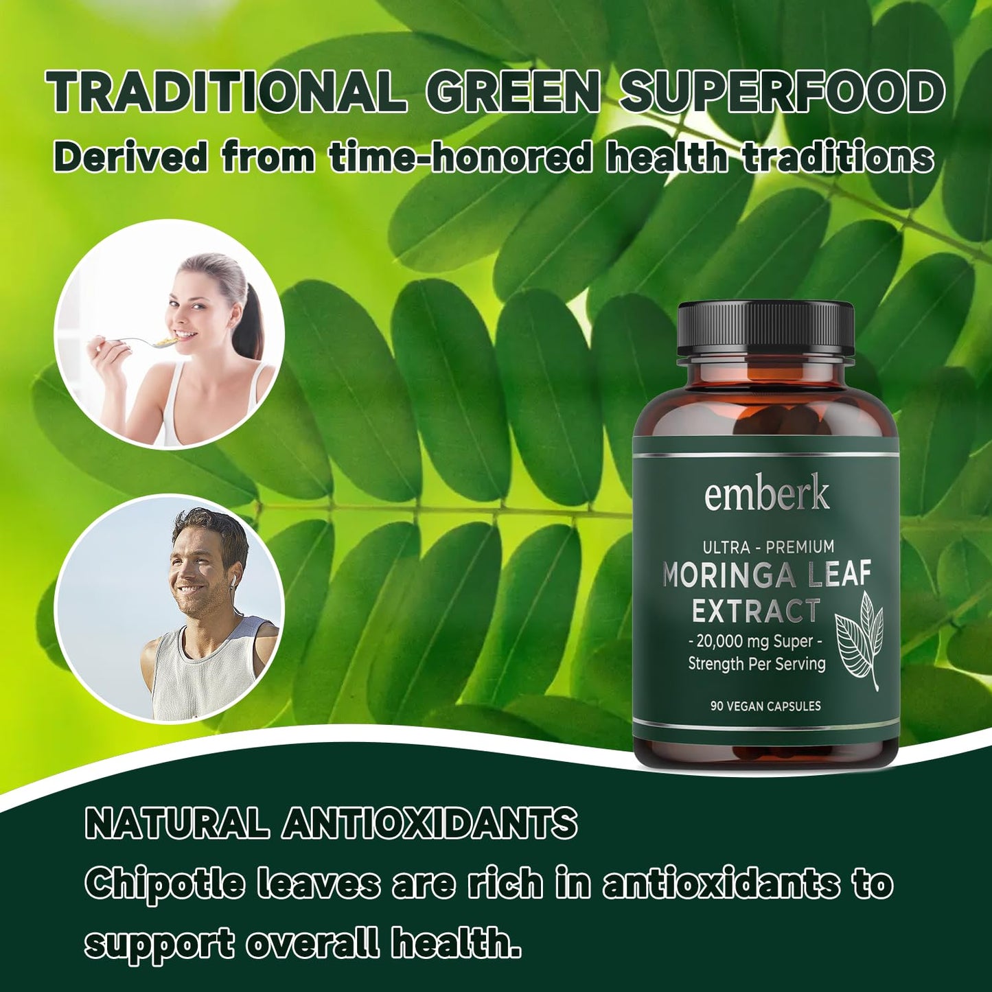 Moringa Capsules 20,000 mg Strength | 90-Count Vegan Non-GMO