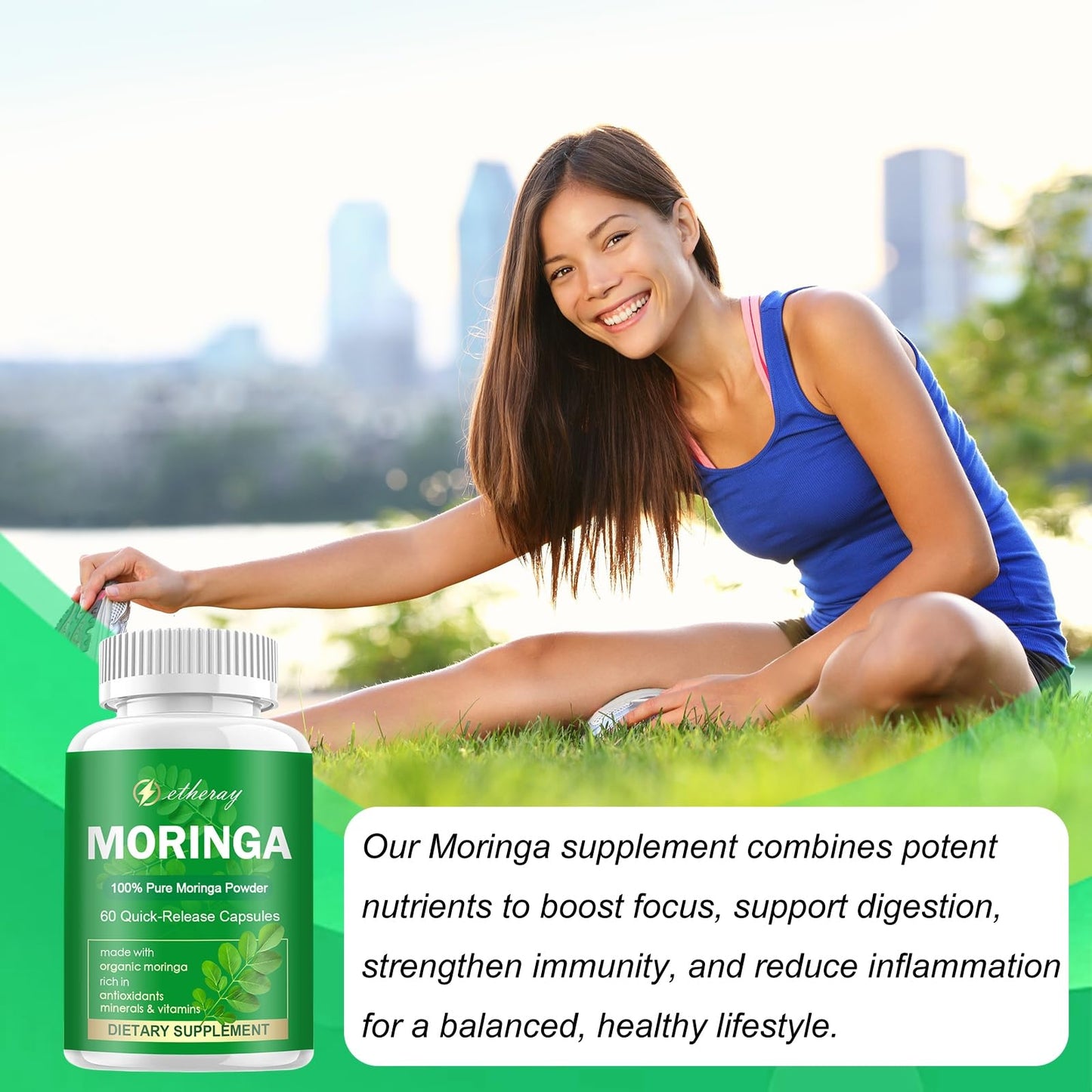 Moringa Capsules - Pure Moringa Powder 800mg per Serving | Rich in Antioxidants, Minerals & Vitamins | Green Superfood | 60 Capsules