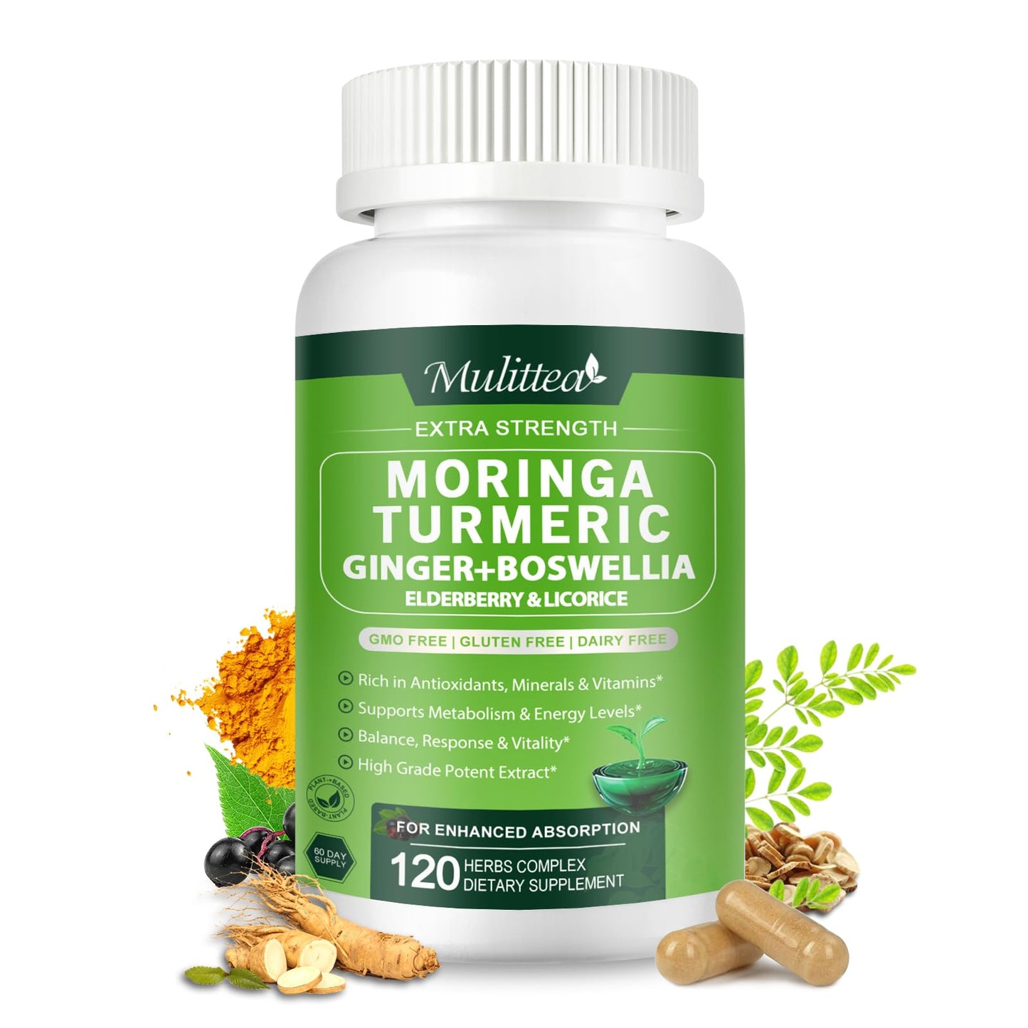 Moringa Capsules Organic 1000mg – 7-in-1 Superfood with Turmeric & Ginger | 120 Vegan Capsules