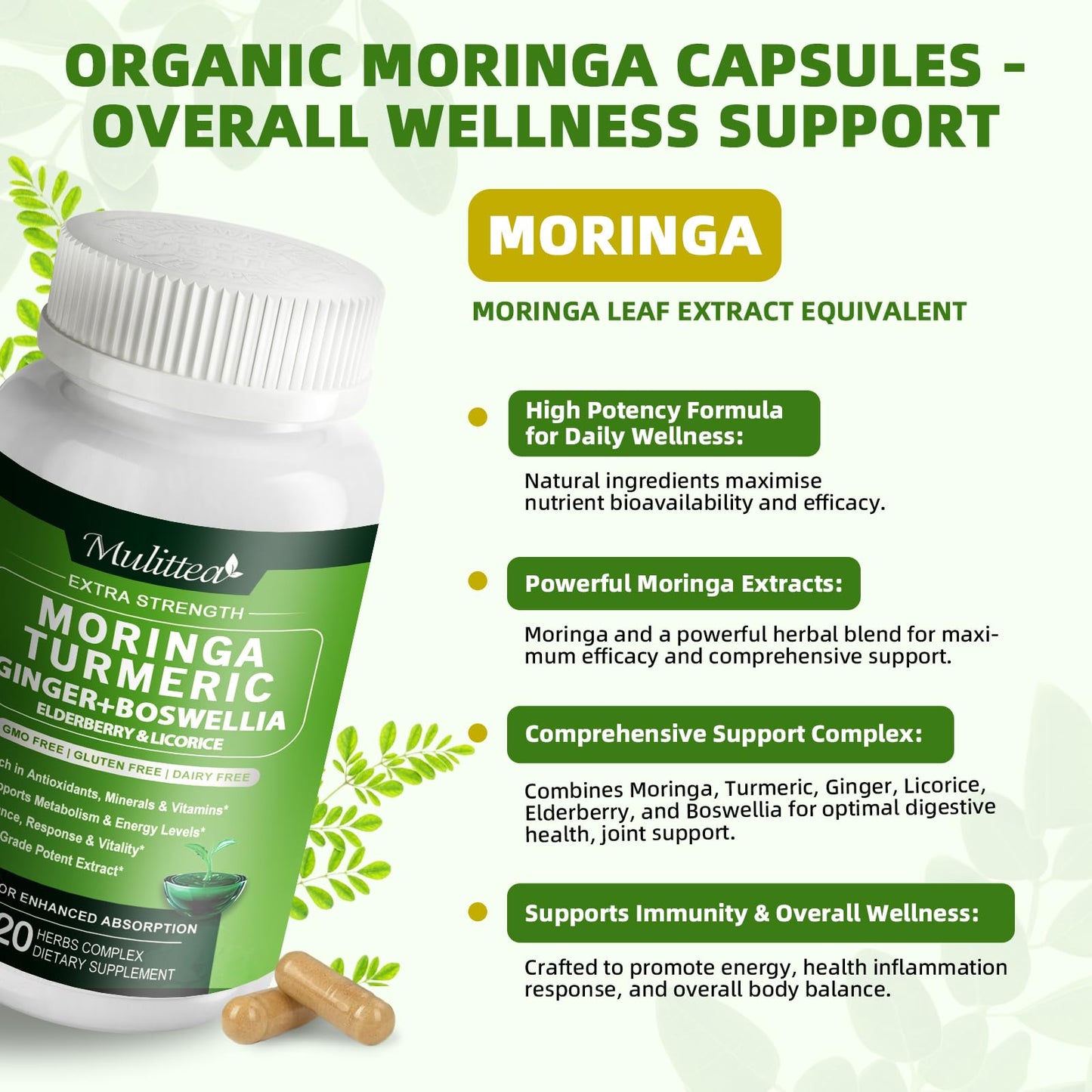 Mulittea Moringa Capsules 1000mg – 7-in-1 Turmeric, Ginger, Elderberry & Boswellia | 120 Vegan Capsules (2-Pack)