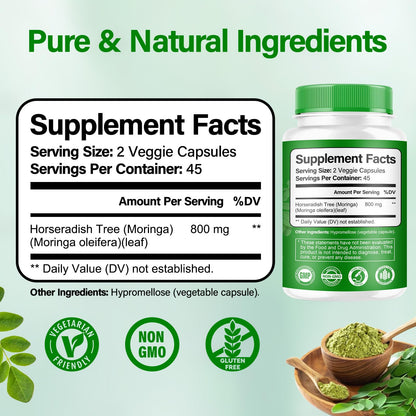 Moringa Capsules 800mg | Pure Moringa Powder Capsules for Energy, Skin & Immune Support – 90 Caps