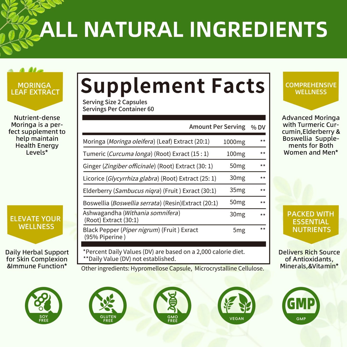 Moringa Capsules Organic 1000mg – 7-in-1 Superfood with Turmeric & Ginger | 120 Vegan Capsules