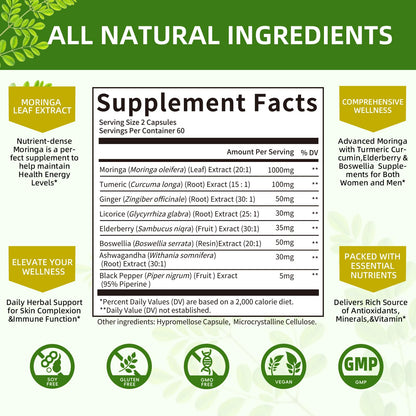 Moringa Capsules Organic 1000mg – 7-in-1 Superfood with Turmeric & Ginger | 120 Vegan Capsules