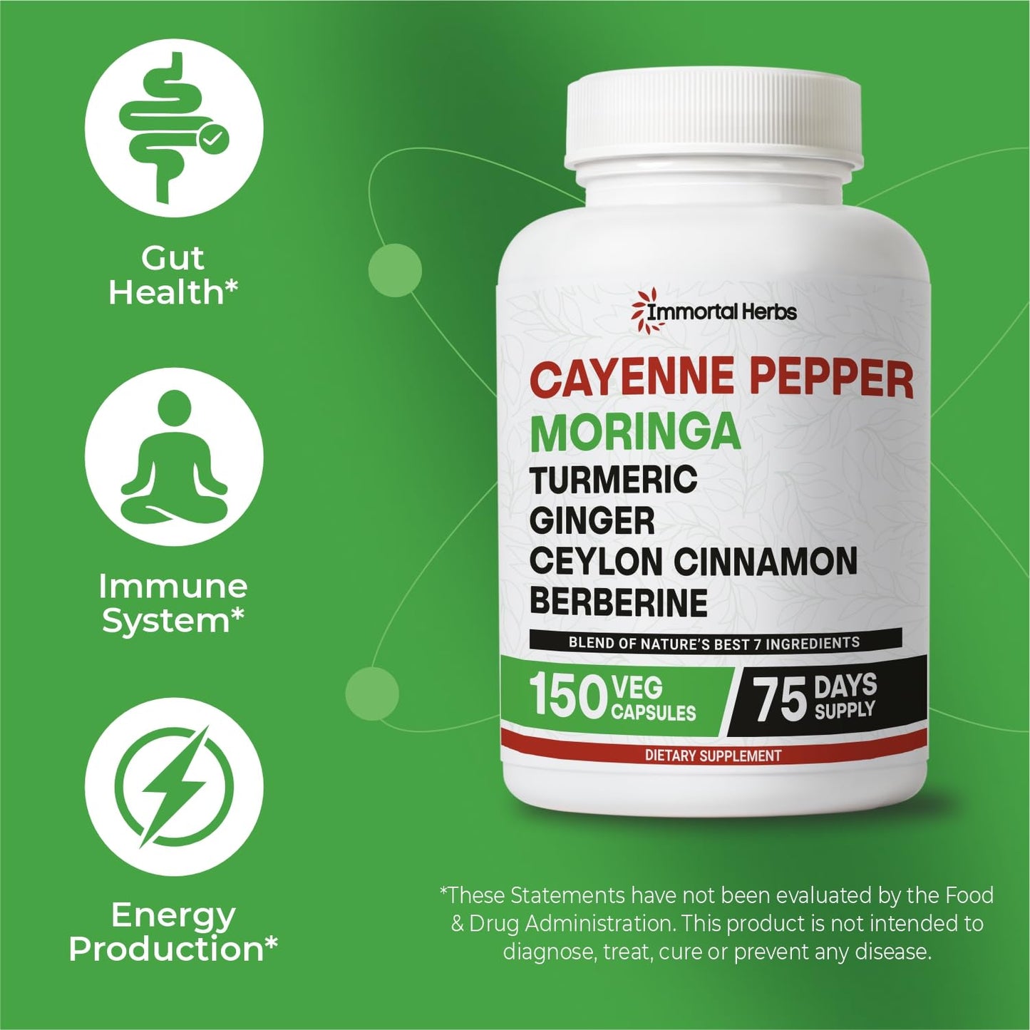 Immortal Herbs Cayenne Pepper Moringa Turmeric Ginger Capsules – 150 Pills
