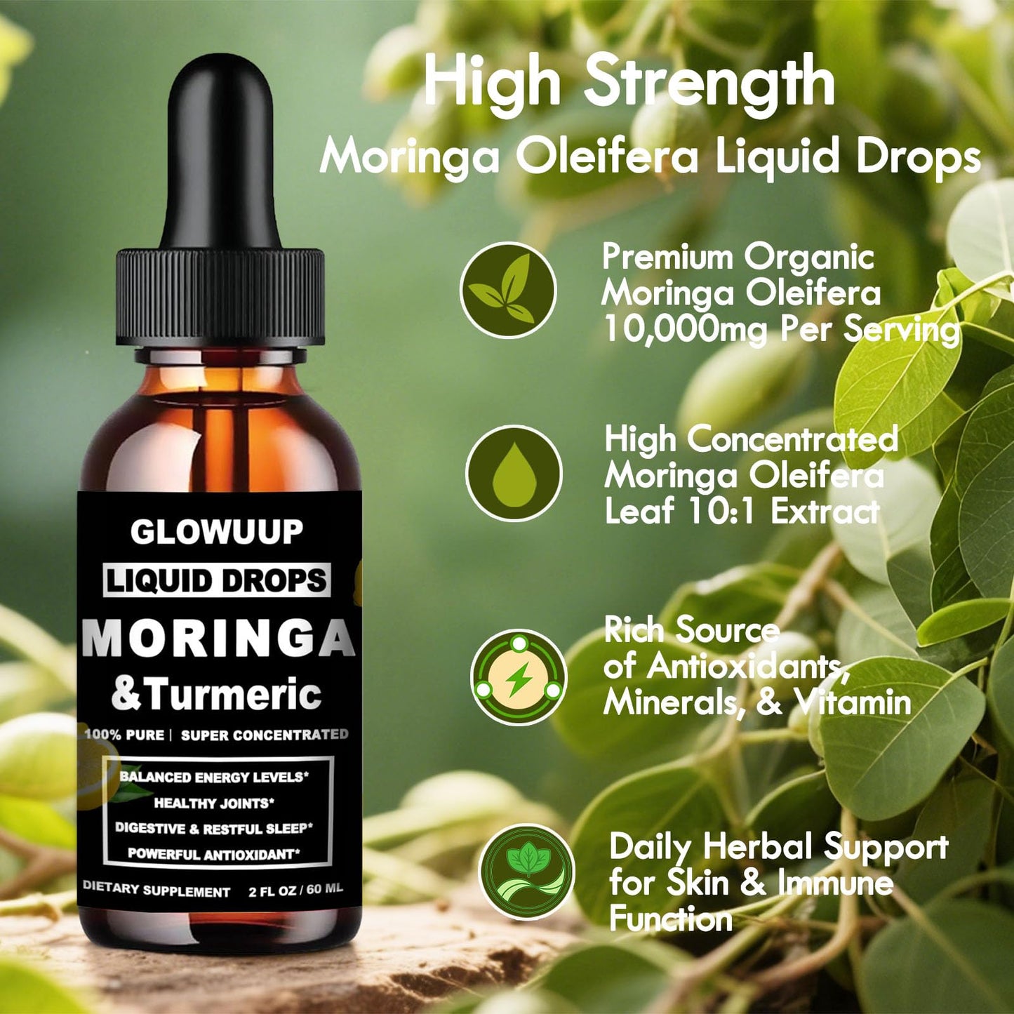 Organic Moringa Liquid Drops with Turmeric, Pepper & Vitamin C | 6x Absorption