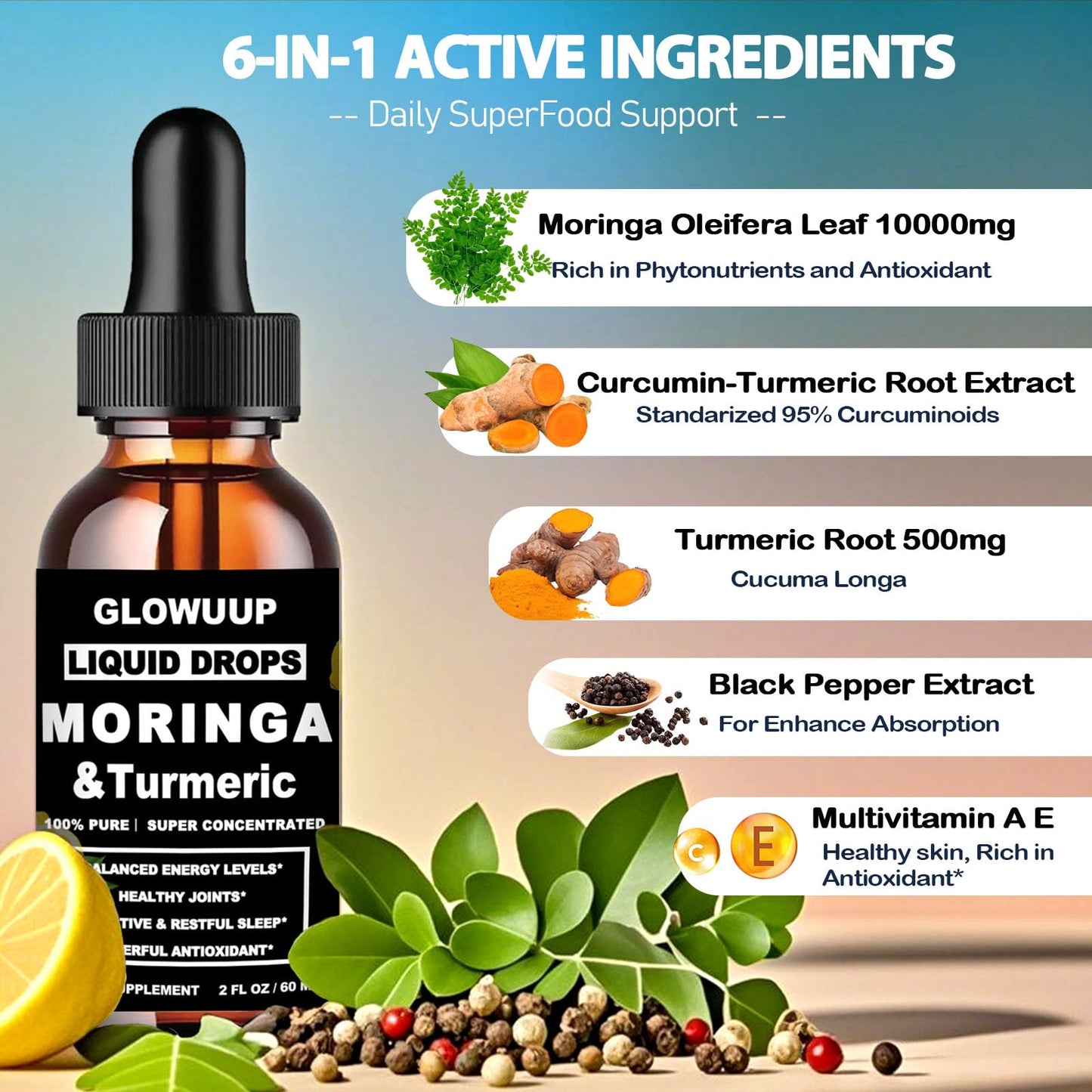 Organic Moringa Liquid Drops with Turmeric, Pepper & Vitamin C | 6x Absorption
