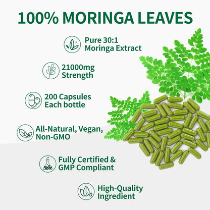 Moringa Capsules 200 Count | Pure Organic Moringa Oleifera | Non-GMO & Gluten Free