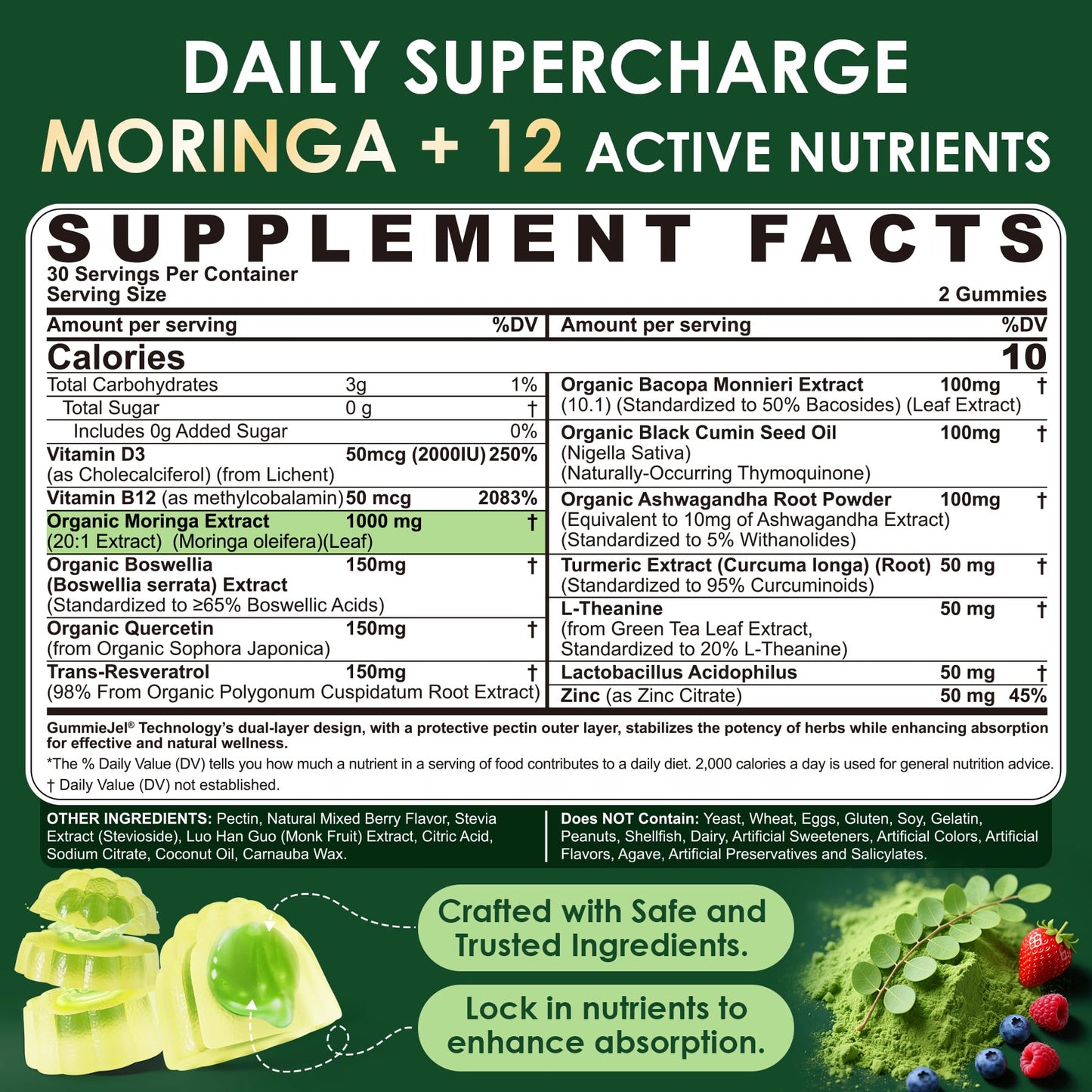 Moringa Gummies 1000mg - Sugar Free | 13-in-1 Superfood for Energy, Immunity, Skin