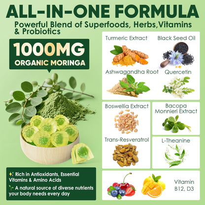 Moringa Gummies 1000mg - Sugar Free | 13-in-1 Superfood for Energy, Immunity, Skin