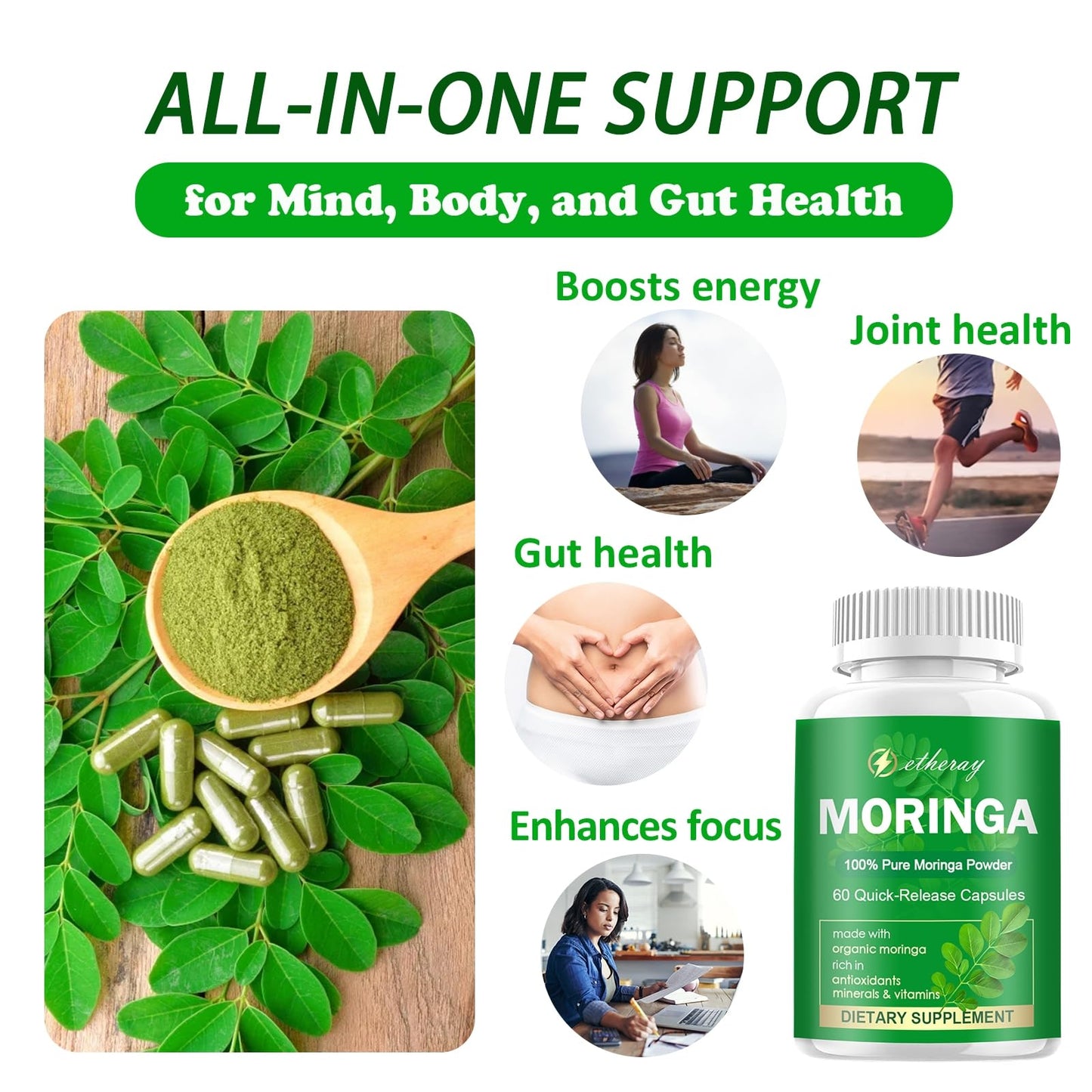 Moringa Capsules - Pure Moringa Powder 800mg per Serving | Rich in Antioxidants, Minerals & Vitamins | Green Superfood | 60 Capsules