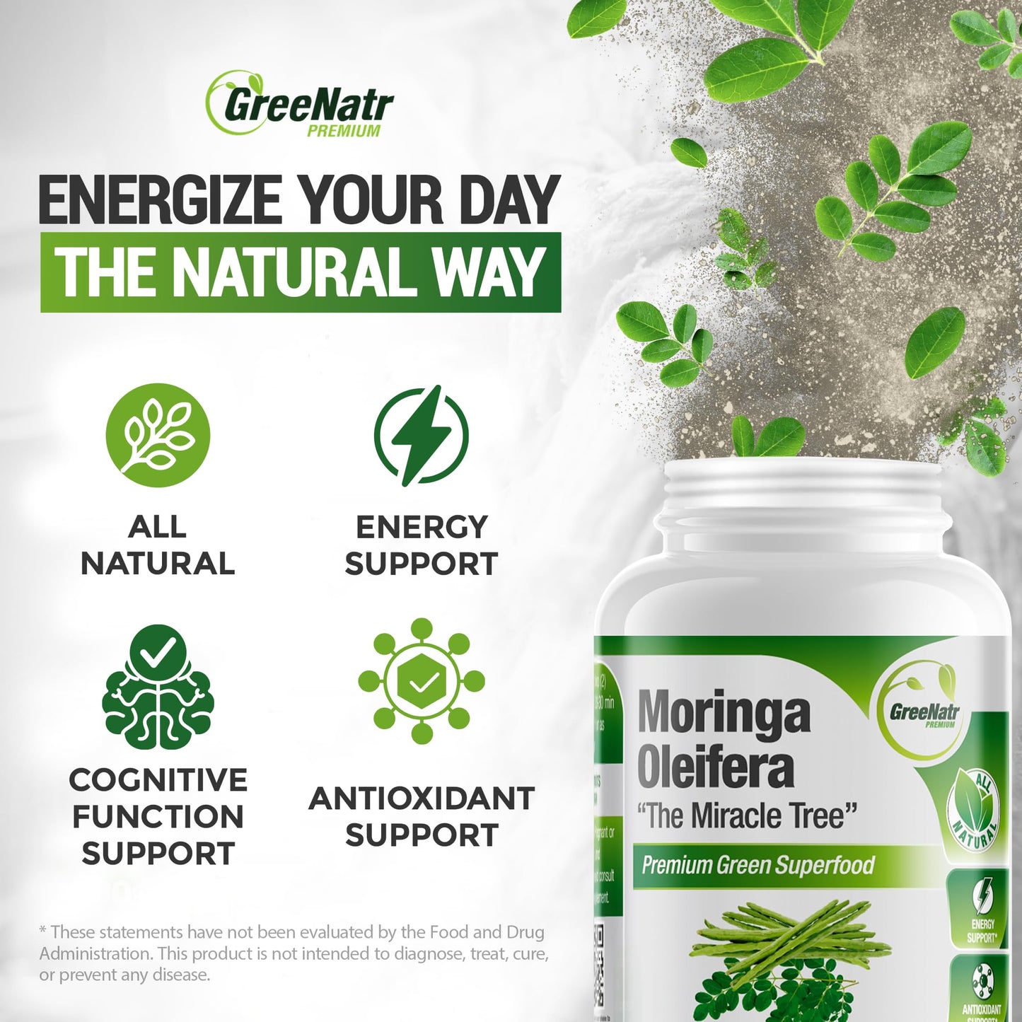 Pure Moringa Oleifera Green Superfood Capsules – Organic, Non-GMO, 60 Capsules