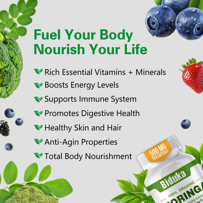 Organic Moringa Capsules 1000mg | Antioxidant Superfood for Energy, Metabolism & Immune Support – Vegan, Non-GMO (60 Caps)