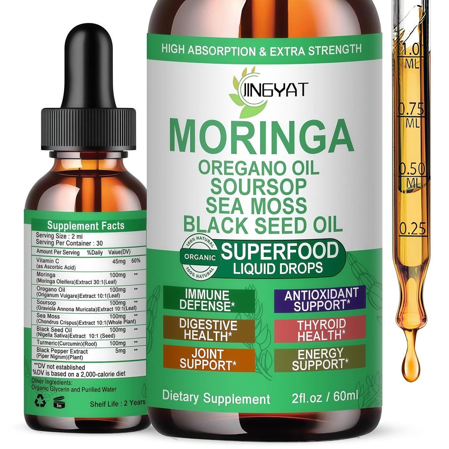 Moringa Liquid Drops — Organic High-Absorption Moringa Tincture with Soursop, Sea Moss & Black Seed Oil | Non-GMO, 30 Servings