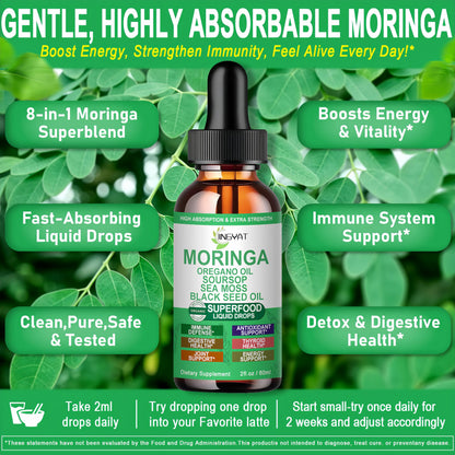 Moringa Liquid Drops — Organic High-Absorption Moringa Tincture with Soursop, Sea Moss & Black Seed Oil | Non-GMO, 30 Servings