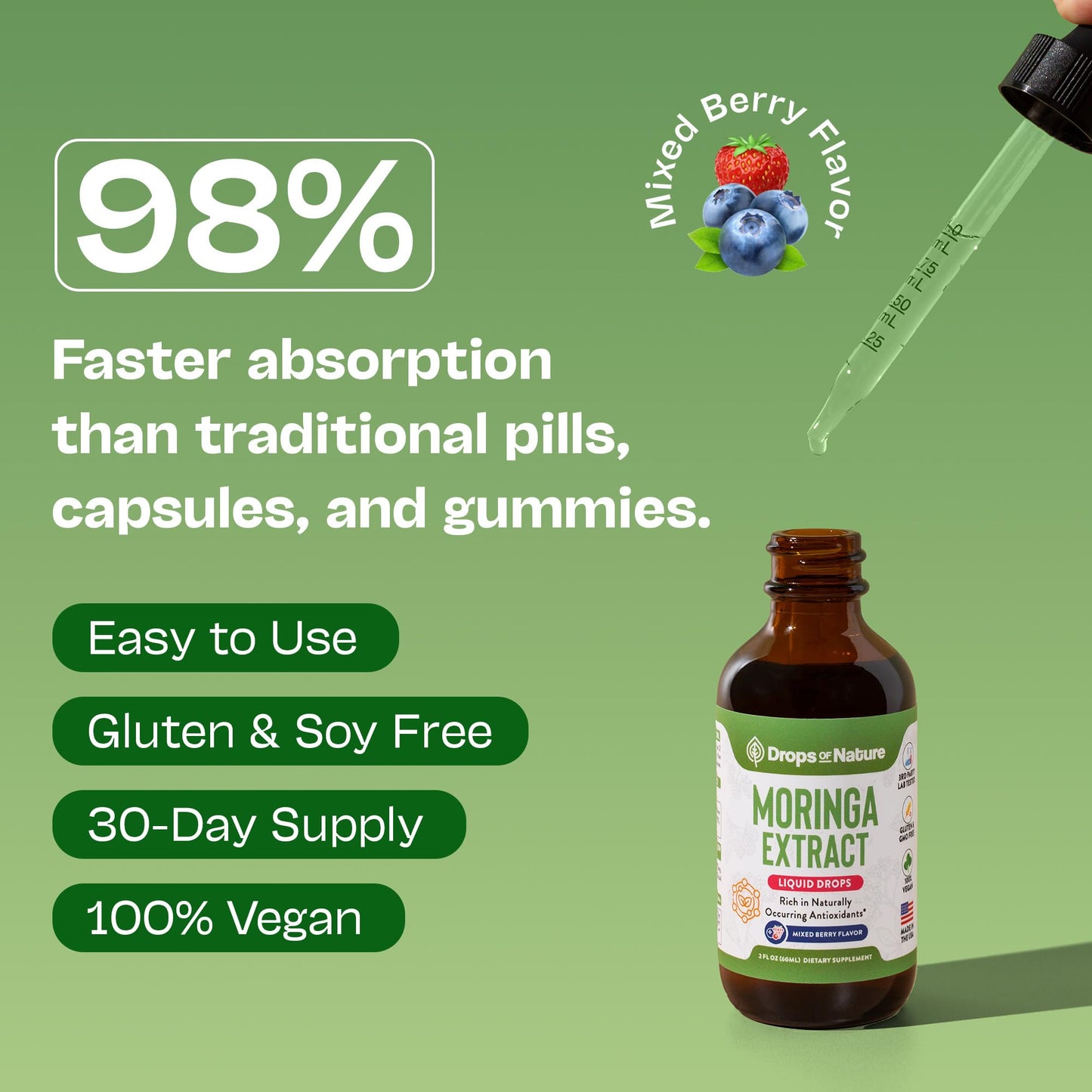 Moringa Liquid Drops – Vegan, Gluten Free (60 mL) – Mixed Berry