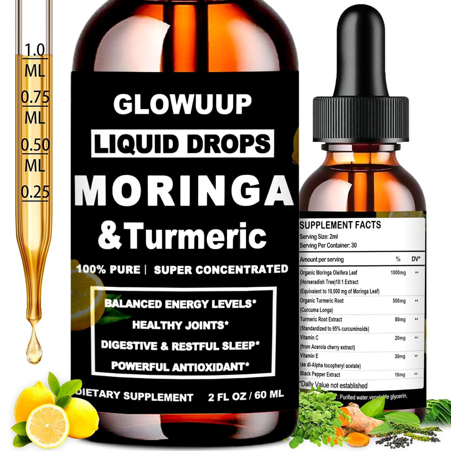 Organic Moringa Liquid Drops with Turmeric, Pepper & Vitamin C | 6x Absorption