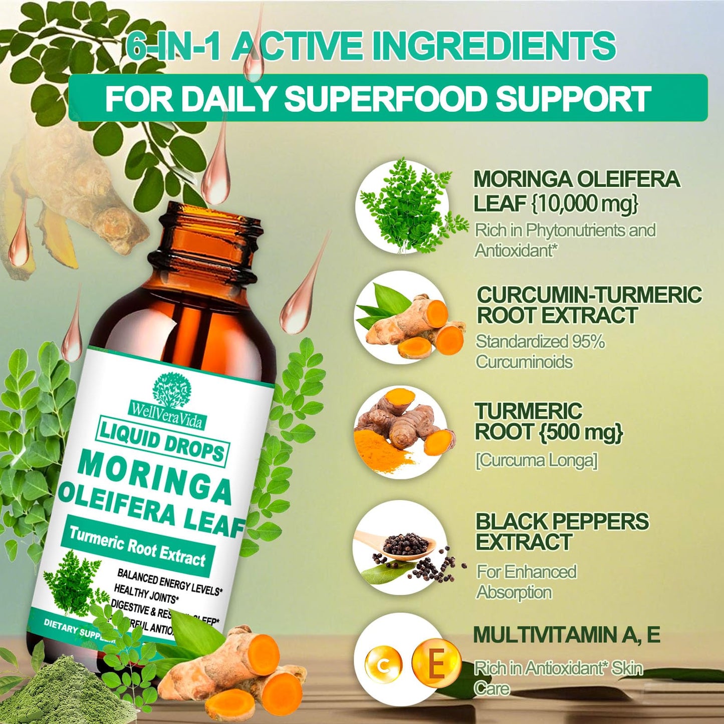 Organic Moringa Liquid Drops with Turmeric, Black Pepper & Vitamin C | Moringa Oleifera