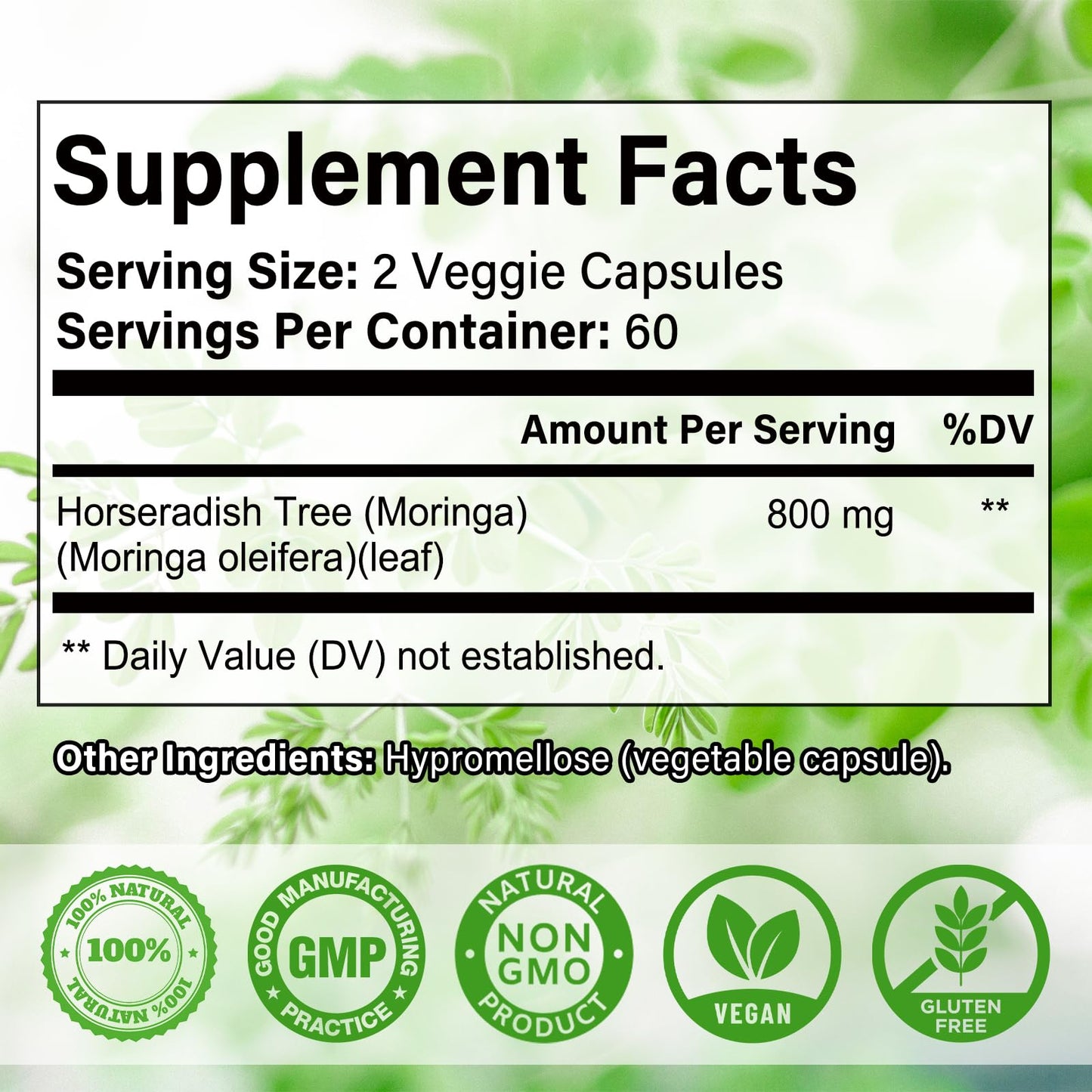 Moringa Powder Capsules – Pure Moringa Leaf, 800mg, 240 Vegan Capsules
