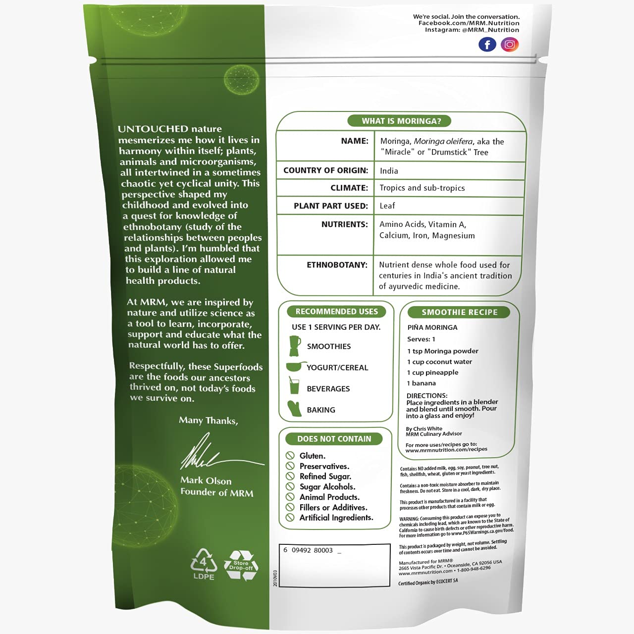 MRM Nutrition Moringa Powder - Superfoods, Digestive Health, High Fiber, Antioxidant, 60 Servings
