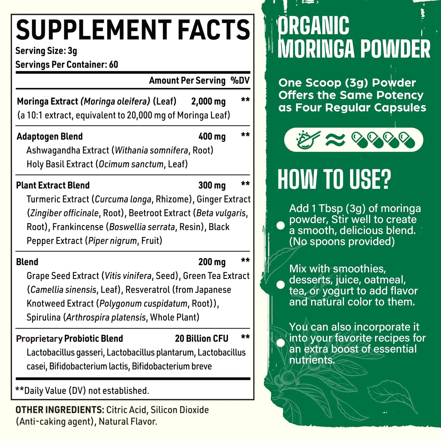 Moringa Powder Organic 2000MG - 18-in-1 Green Superfood, 60 Servings