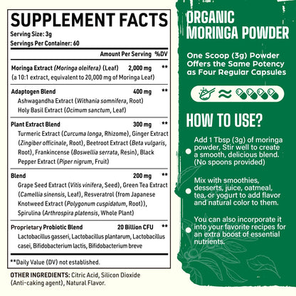 Moringa Powder Organic 2000MG - 18-in-1 Green Superfood, 60 Servings