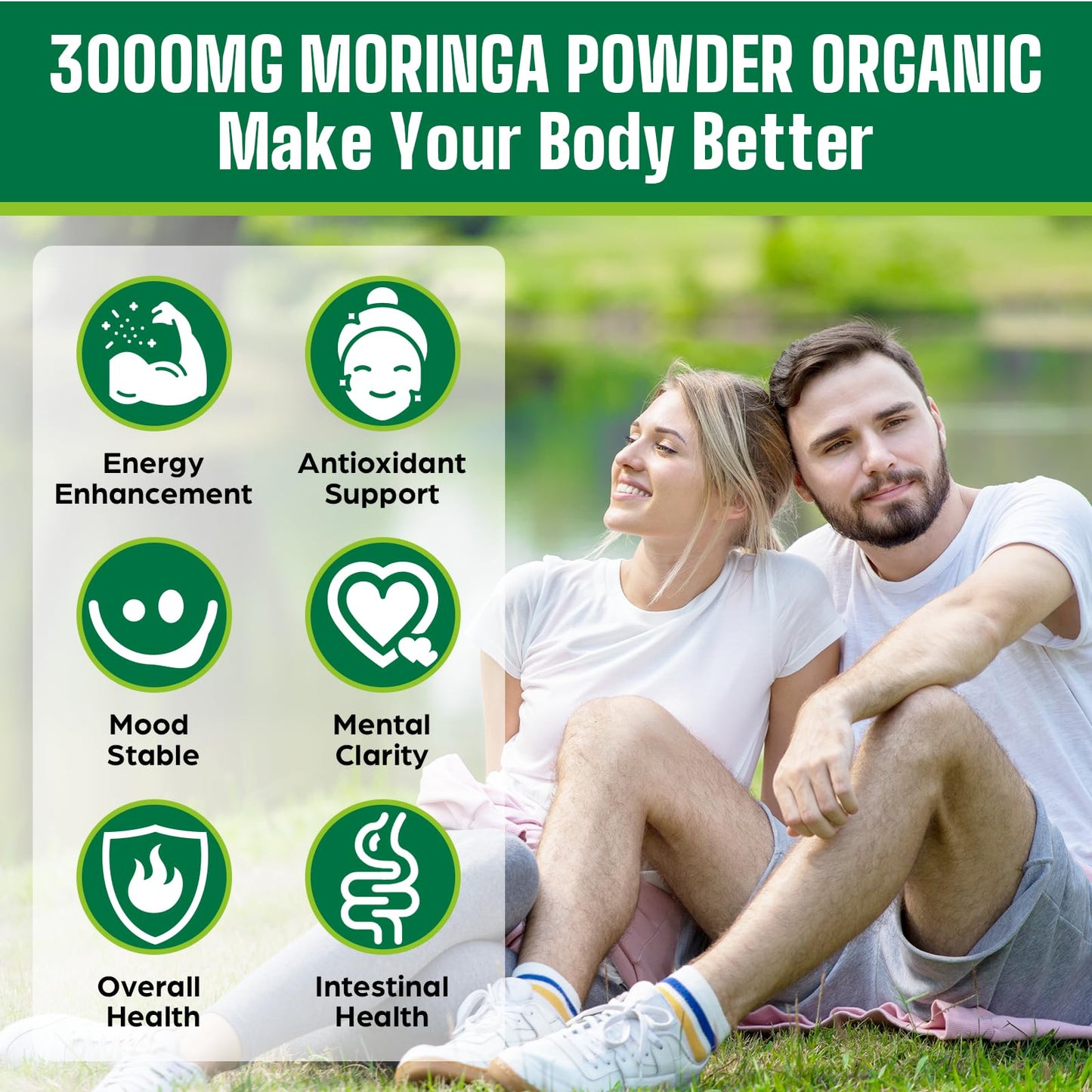 Moringa Powder Organic 2000MG - 18-in-1 Green Superfood, 60 Servings