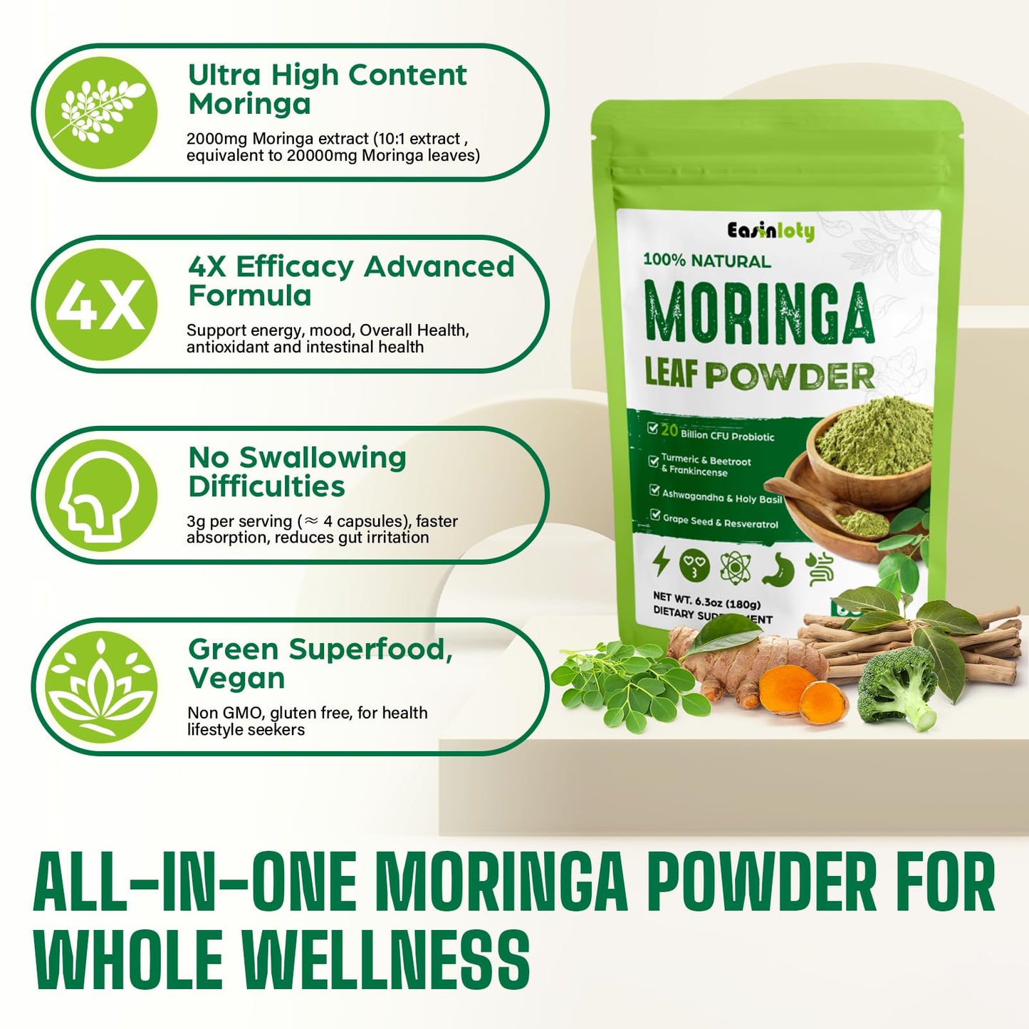 Moringa Powder Organic 2000MG - 18-in-1 Green Superfood, 60 Servings