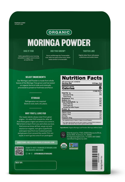 FGO Organic Moringa Leaf Powder - 16oz Resealable Pouch, Non-GMO, India Sourced