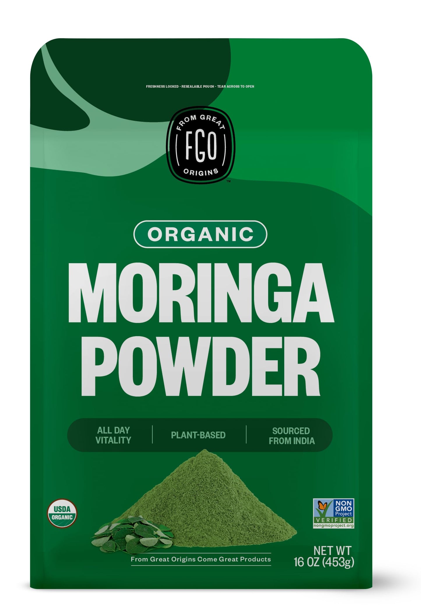 FGO Organic Moringa Leaf Powder - 16oz Resealable Pouch, Non-GMO, India Sourced