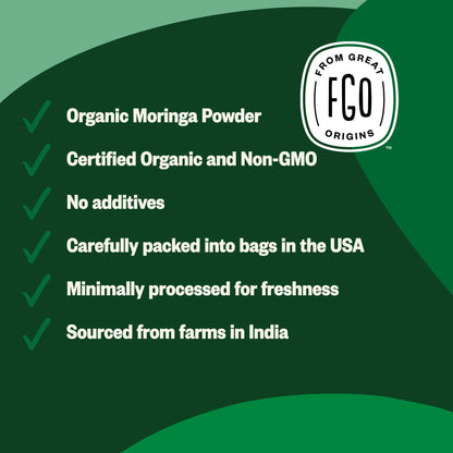FGO Organic Moringa Leaf Powder - 16oz Resealable Pouch, Non-GMO, India Sourced