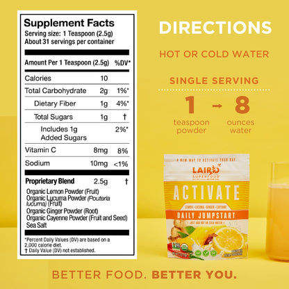 Laird Superfood Morning Jumpstart Powder Drink Supplement – Lemon, Lucuma, Ginger & Cayenne, Organic, 2.7 oz (Pack of 1)
