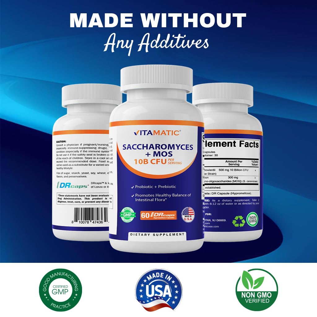 Vitamatic Saccharomyces Boulardii Probiotic 10B CFU – 60 DR Capsules – Made in USA