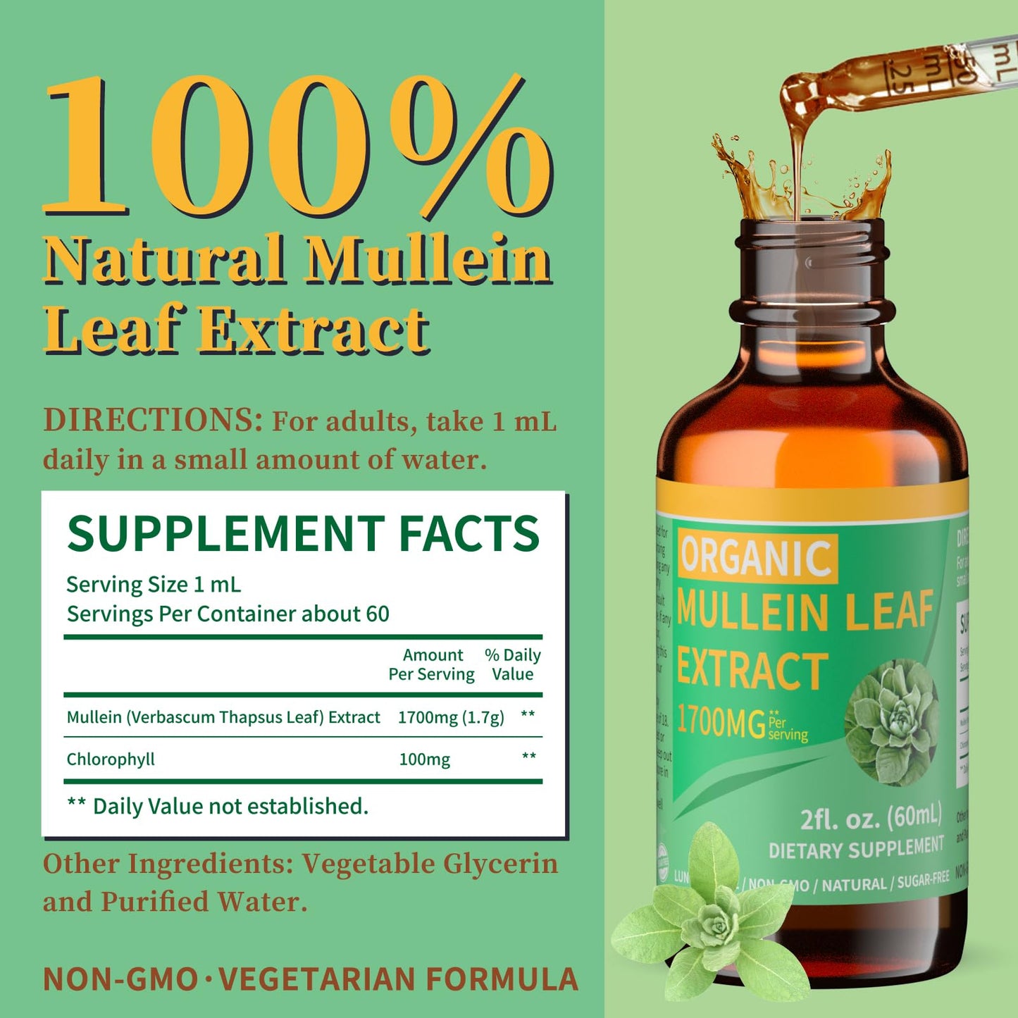Mosslly 1700mg Mullein Drops for Lungs – Organic Mullein Leaf Extract, 2 Oz