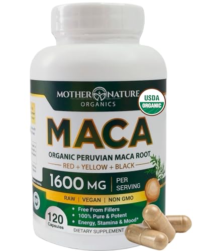 Mother Nature Organic Maca Root Capsules 1600mg – 120 Vegan, Peru Tri-Color Maca