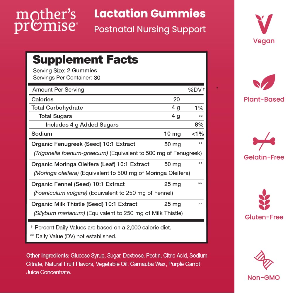 Mother's Promise Lactation Supplement Gummies for Breast Milk Production Increase | Postnatal Lactation Support for Breastfeeding, Nursing & Lactating with Fenugreek, Moringa & Milk Thistle | Vegan