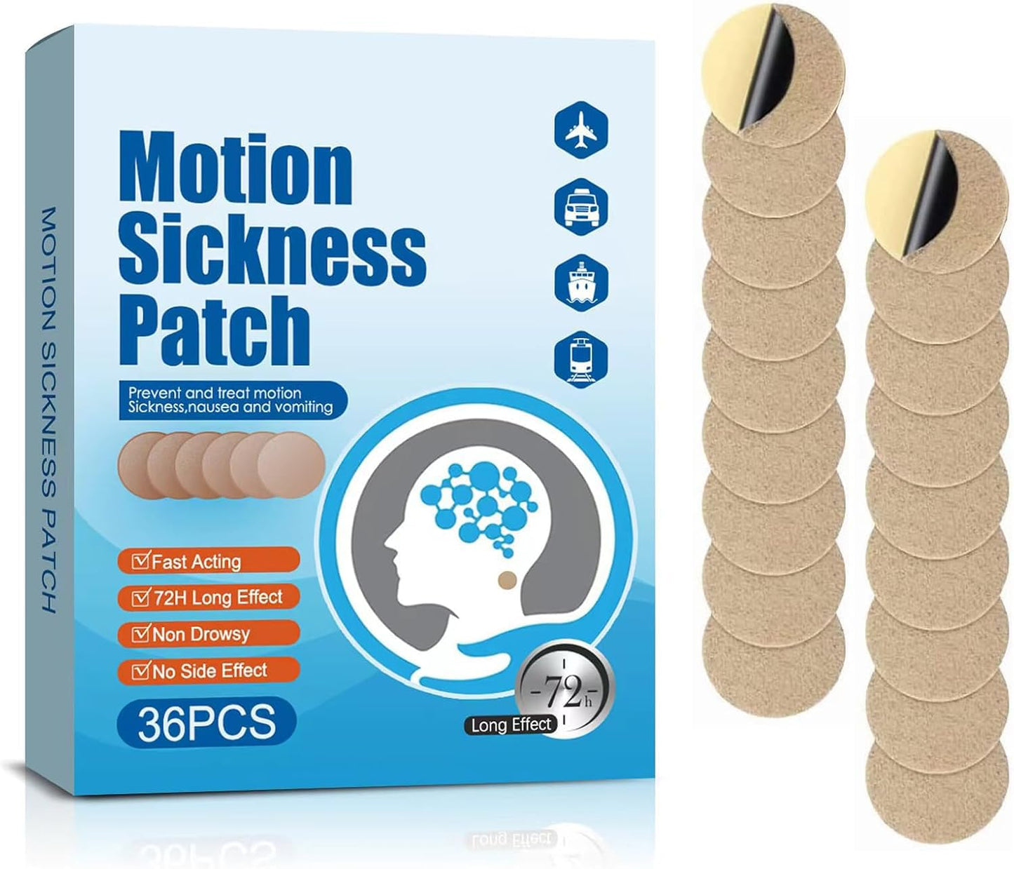 Motion Sickness Patches 36 Count — Non-Drowsy, Fast-Acting Travel Patches