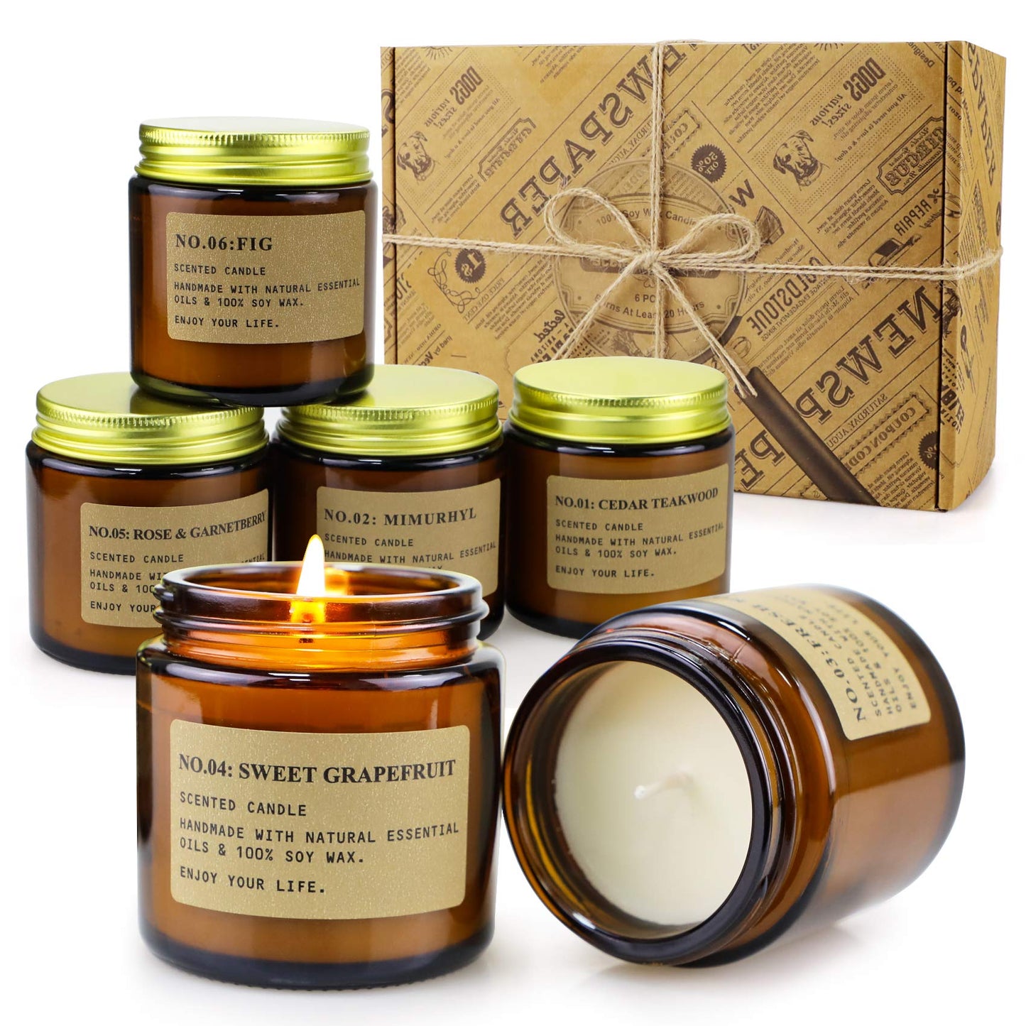 MOULENGGU 6-Pack Soy Wax Candles Gift Set – Amber Jar, Home Scented Aromatherapy