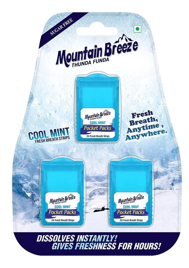Mountain Breeze Sugar Free Cool Mint Breath Strips – 24 Strips per Cassette, Pack of 1 (3 Cassette) New