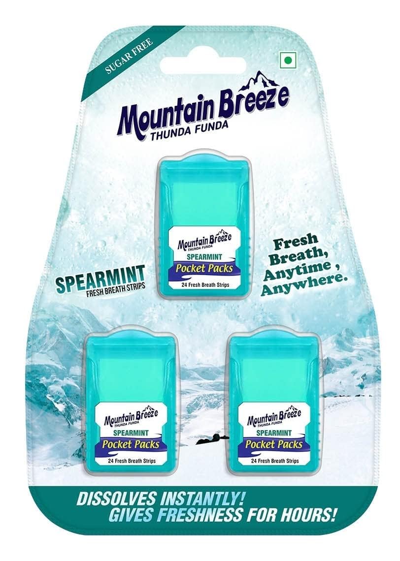 Mountain Breeze Mouth Fresh Strips – Sugar Free Spear Mint Breath Strips, 24 Strips per Cassette, Pack of 3