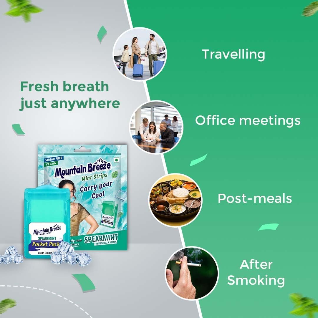 Mountain Breeze Mouth Fresh Strips – Sugar Free Spear Mint Breath Strips, 24 Strips per Cassette, Pack of 3
