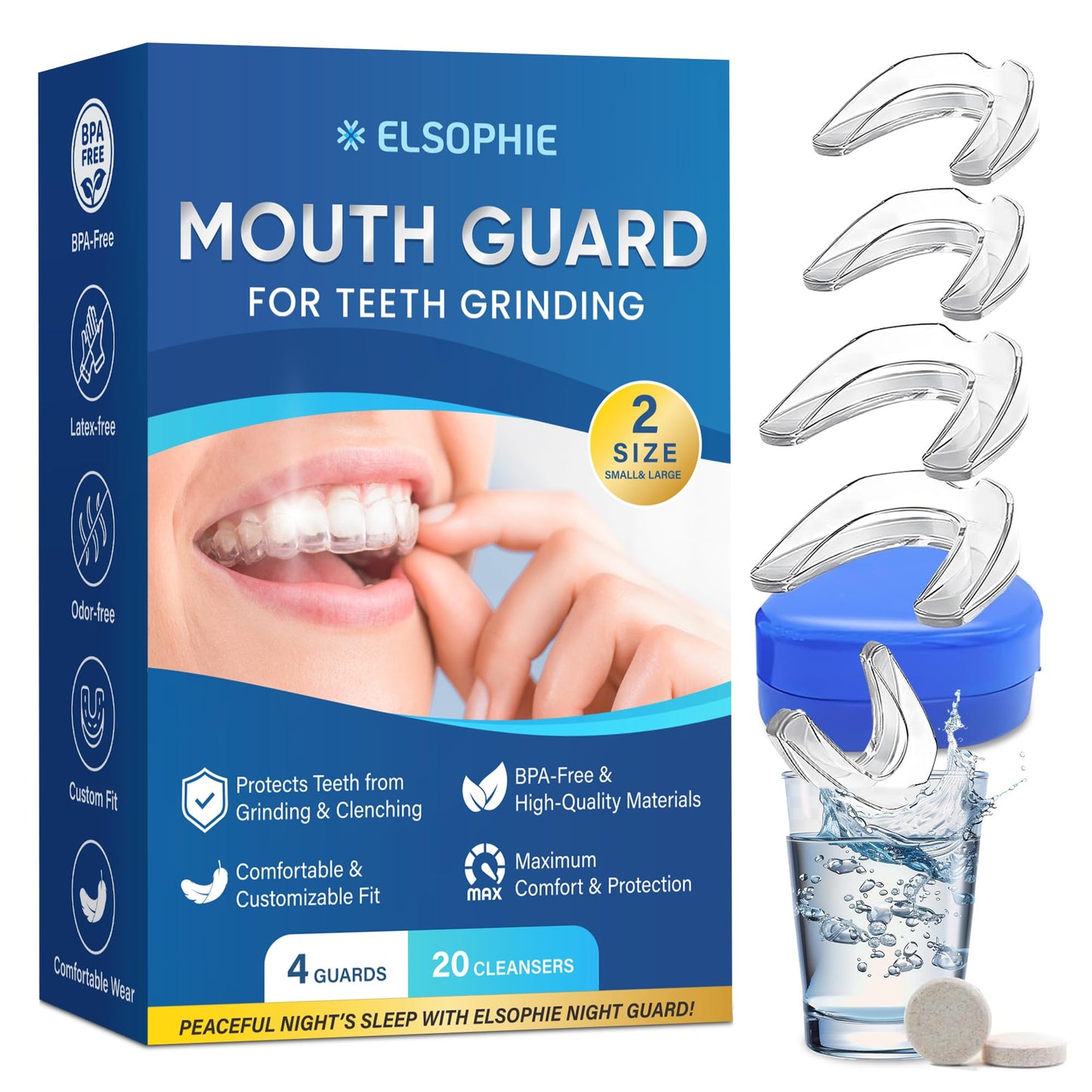 Night Guard for Teeth Grinding – Custom-Fit Mouth Guard for Clenching (4 Pack) + 20 Cleansing Tablets