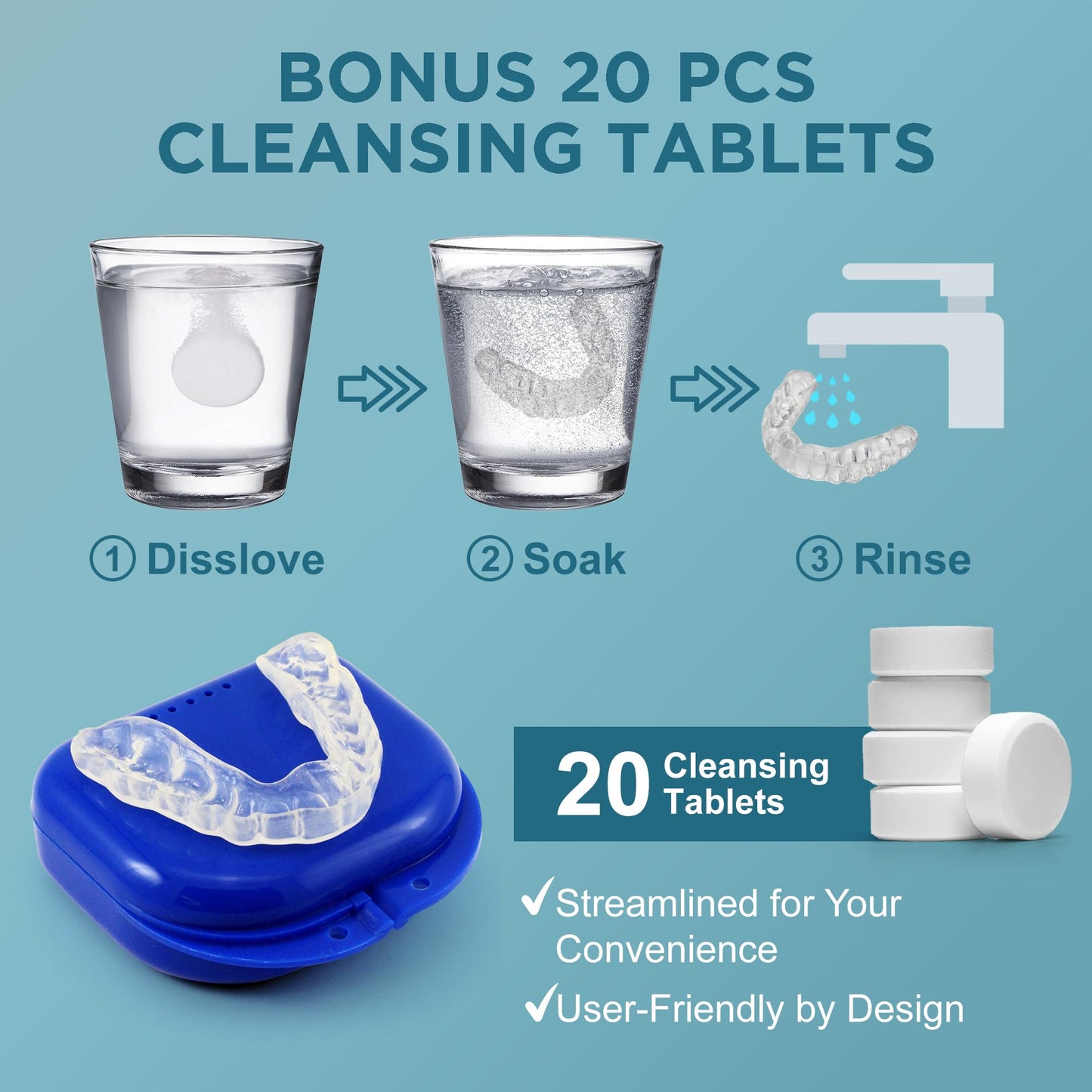 Night Guard for Teeth Grinding – Custom-Fit Mouth Guard for Clenching (4 Pack) + 20 Cleansing Tablets