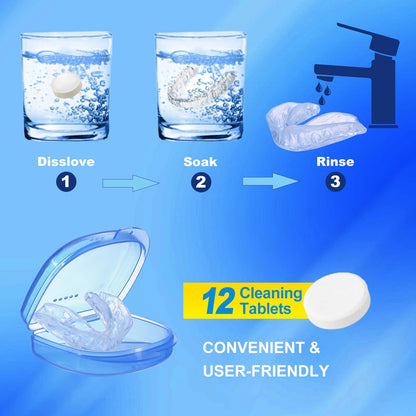 Mouth Guard for Teeth Grinding at Night – Bruxism Night Guard (8 Pack) with 12 Cleaning Tablets