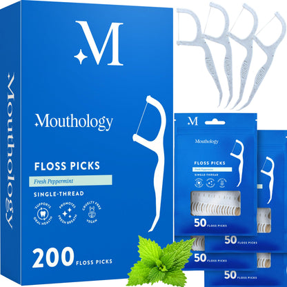 Mouthology Biodegradable Floss Picks (200 Pack) – Wheat Straw, Mint Flavored, PFA Free, Compostable