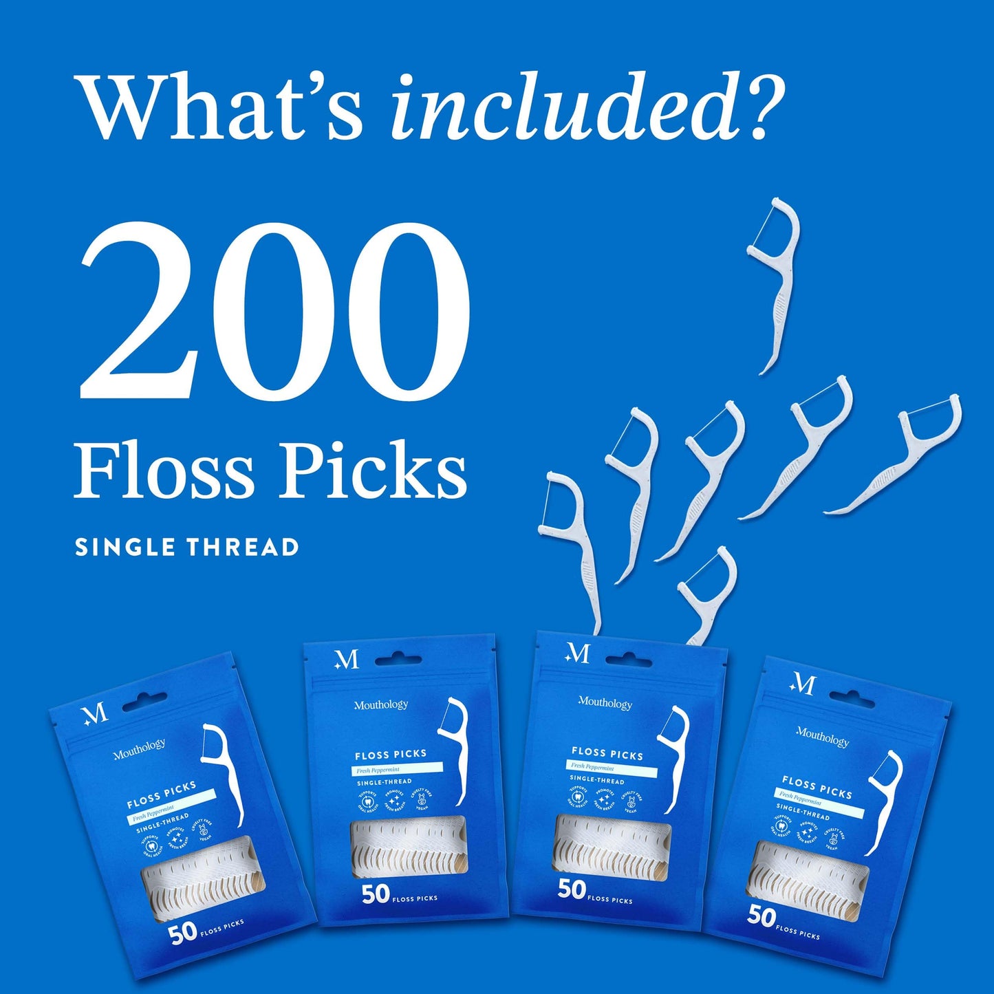 Mouthology Biodegradable Floss Picks (200 Pack) – Wheat Straw, Mint Flavored, PFA Free, Compostable