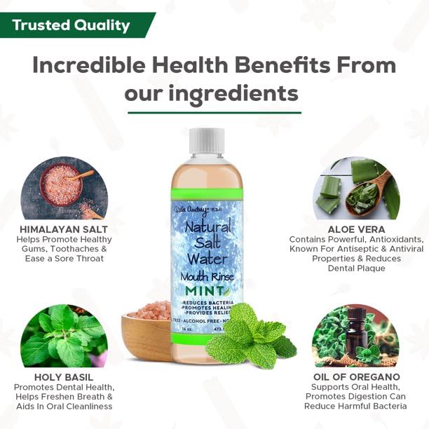 Natural Pink Himalayan Saltwater Mouth Rinse – Organic Mint, Fluoride Free, Non-GMO, 16 oz