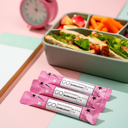 Go Mouthwash Packets Bubblegum - Fluoride Free, Alcohol Free, Dye Free, Xylitol | Bulk Mouthwash for Lunch Boxes & Travel