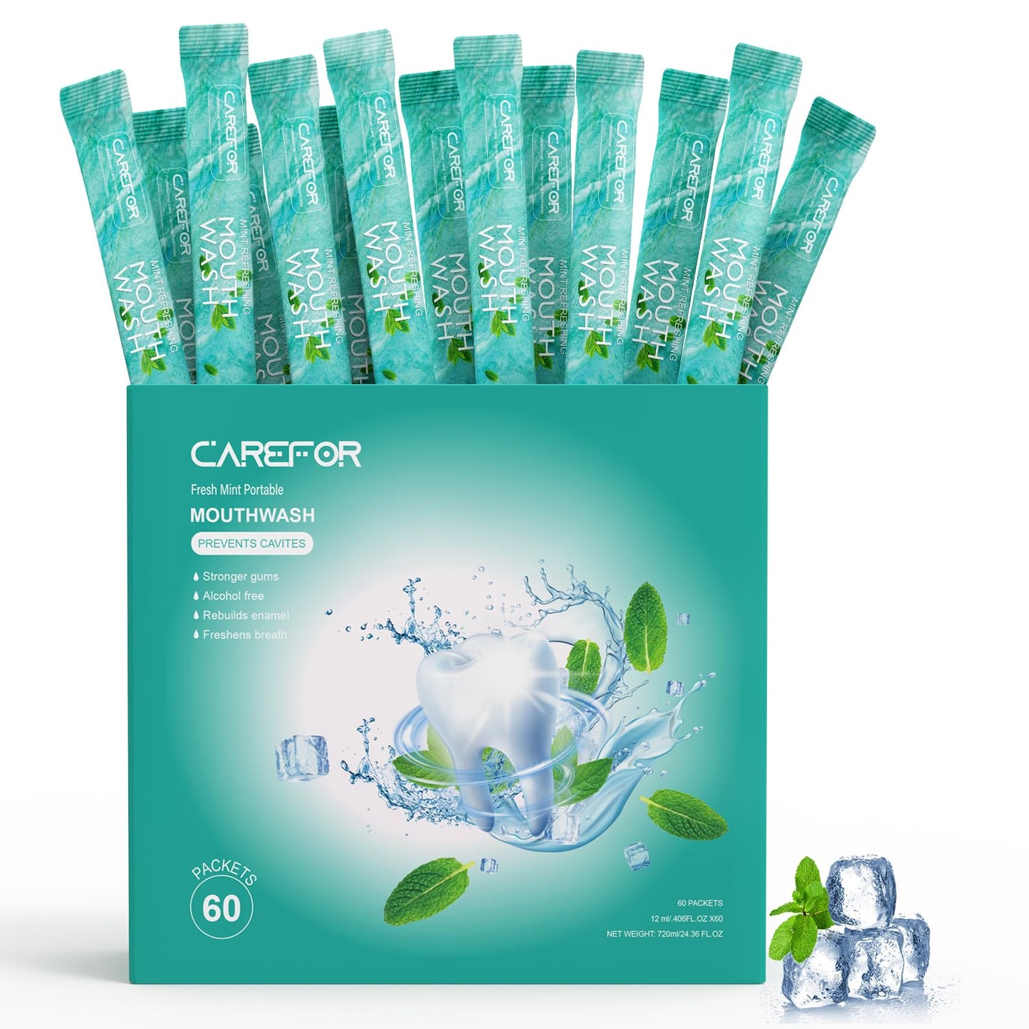 Mouthwash Travel Size – 60 Pack of Individual Fresh Mint Mouthwash Packets (Alcohol & Fluoride Free)