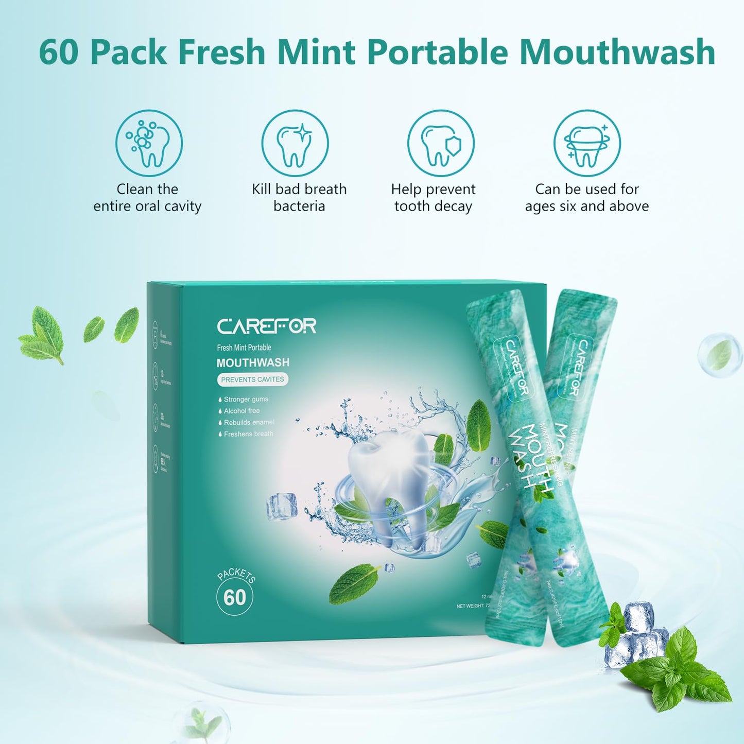 Mouthwash Travel Size – 60 Pack of Individual Fresh Mint Mouthwash Packets (Alcohol & Fluoride Free)